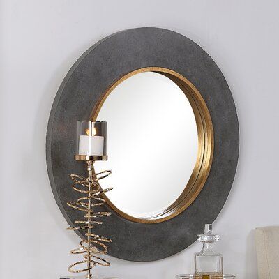 Greyleigh™ Offer empty walls a touch of mid-century modern style with this clean-lined accent mirror. It's cylindrical silhouette is crafted from solid wood, and it features a charcoal and antique gold finish on the frame for a two-toned hue. The distressed metal around the mirror gives it a weathered look, and the 1" beveled mirror offers you a place to check out your look before you walk out the door. Plus, it comes with screws, hooks, and anchors to make installation a breeze. | Greyleigh™ Ze Dressing Table, Metal, Round Wall Mirror, Wall Mounted Mirror, Contemporary Wall Mirrors, Round Mirrors, Beveled Mirror, Round Mirror Bathroom, Mirror Wall Decor