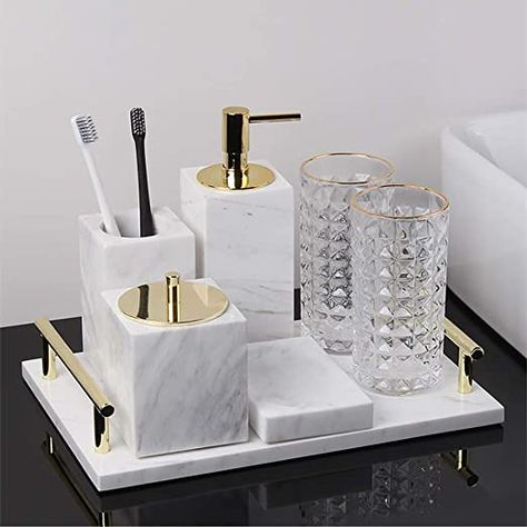 Marble Bathroom Accessory Set of 7 Piece | Soap Dispenser,Toothbrush Holder, Tumbler,Soap Dish ，Cotton Swab Box & Tray | High Class Home Decor Gift Bathroom Trays, Bathroom Accessories, Dressing Table, Bathroom Organisation, Bathroom Accessories Sets, Bathroom Soap, Bathroom Tray, Bathroom Accessory Set, Bathroom Counter Decor