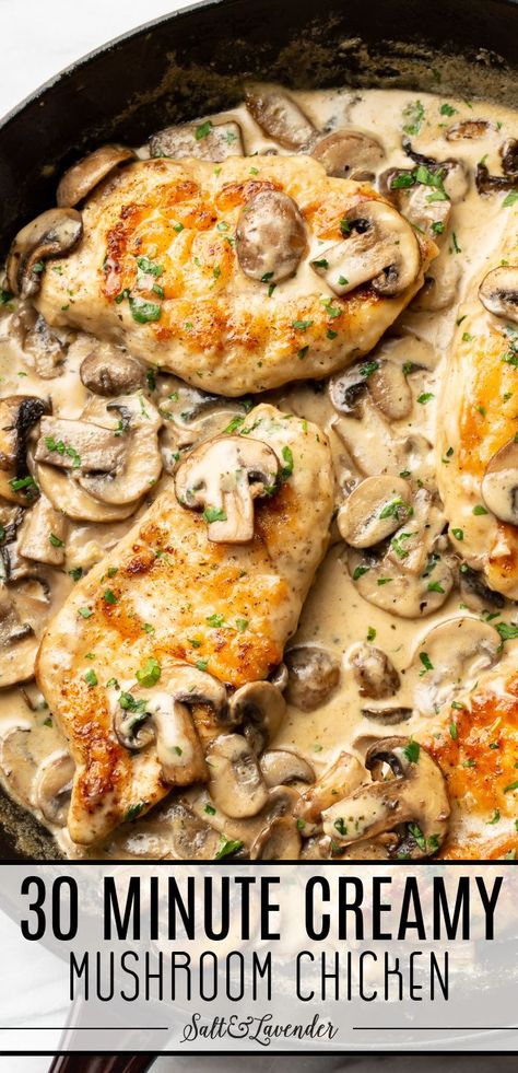 a skillet with chicken in sauce and text overlay that reads 30 minute creamy mushroom chicken Healthy Recipes, Pizzas, Casserole, Pasta, Creamy Mushroom Chicken, Creamy Chicken With Mushrooms, Creamy Chicken Recipes, Creamy Chicken Breast Recipes, Creamy Chicken Mushroom Pasta