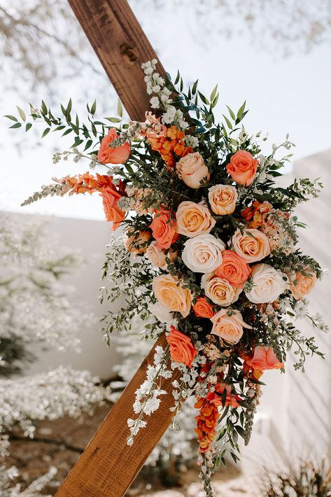 Hexagon wedding ceremony arch with coral florals and greenery (Venue: @terceroweddings // Design: @azflowerfix) #coral #wedding #peonies #roses #outdoorwedding #azwedding Bouquets, Wedding Arch Flowers, Wedding Ceremony Arch, Wedding Arch, Orange Wedding Decor, Coral Wedding Decorations, Ceremony Arch, Wedding Theme Colors, Wedding Flower Arrangements Fall