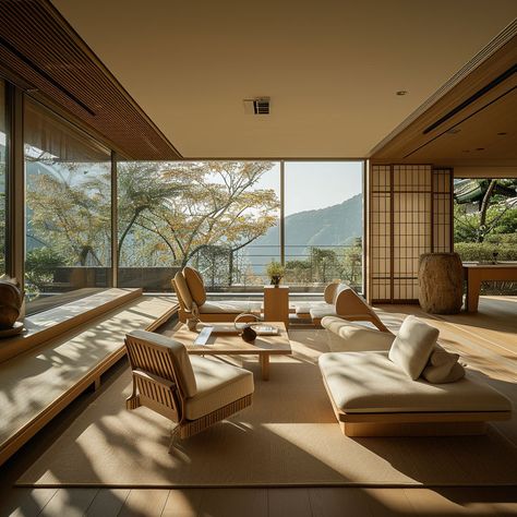 Japanese living room interior showcasing a harmonious blend of wood and stone.