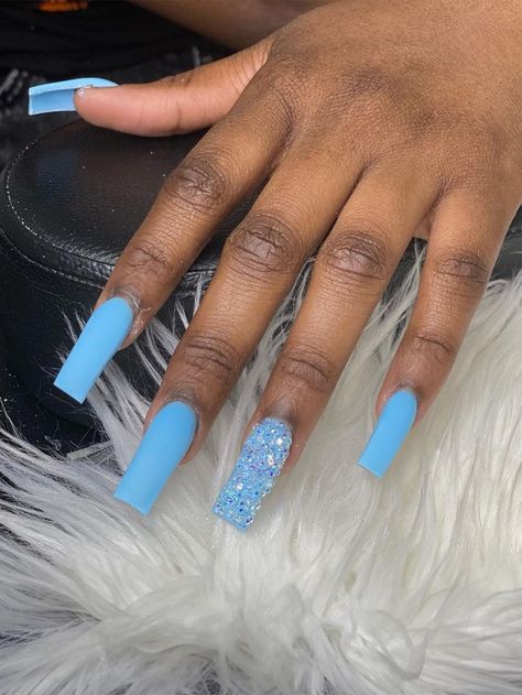 24pcs/set Long Square False Nails, Blue Color With Shiny Rhinestones, Comes With A Jelly Gel And A Nail FileI discovered amazing products on SHEIN.com, come check them out! Ongles, Uñas, Really Cute Nails, Prom Nails, Edgy Nails, Gorgeous Nails, Baby Blue Nails, Cute Acrylic Nails, Nail Designs Bling