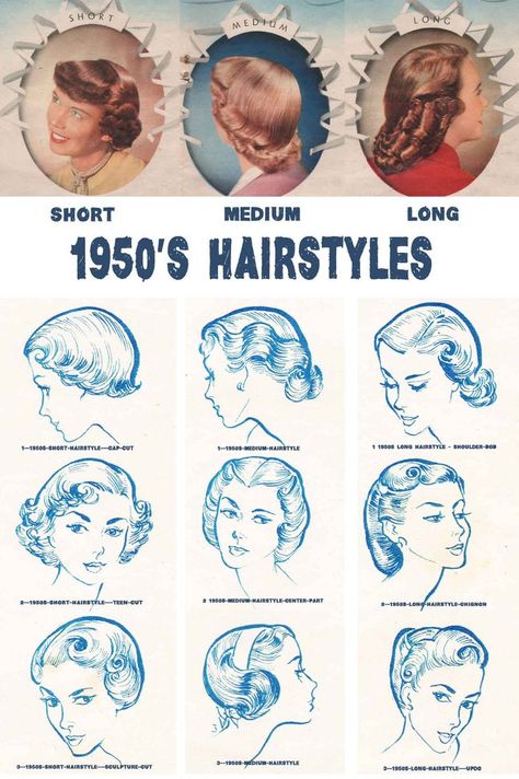 Vintage Hairstyle Inspiration/ 1950s Aesthetic: 1950s Hairstyles Chart for your hair length | Glamour Daze #1950s #1950sfashion #1950sAesthetic #50s #1950shair #VintageHairstyle Hair Styles, Long Hair Styles, Short Hair Styles, Vintage Hairstyles Tutorial, Hair Updos, Shoulder Hair, Hair Lengths, Medium Hair Styles, 50s Hairstyles