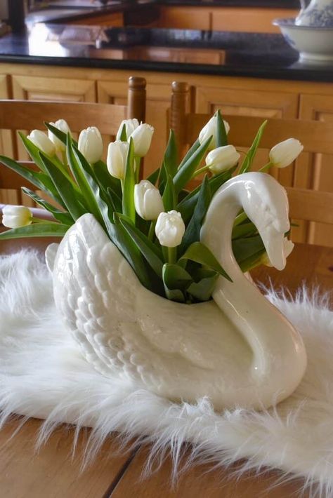 Tulips in a Swan ⋆ SomeTyme Place Tulips, Floral Arrangements, Ideas, Inspiration, Floral, Tulip Decor, Spring Decor, Antique Pink, Planting Tulips
