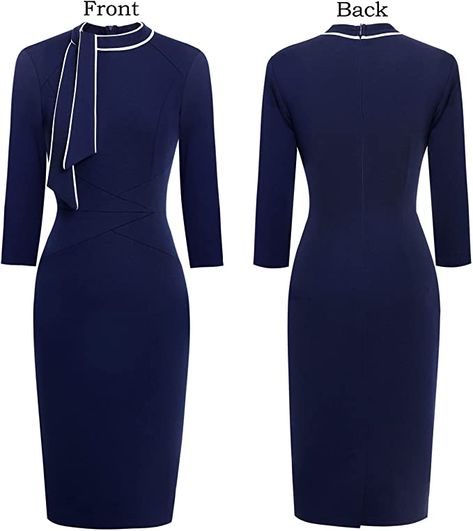 Vfshow Womens Navy Blue and White Striped Bow Tie Neck Slim Cocktail Party Work Business Office Bodycon Pencil Sheath Dress 8118 BLU M at Amazon Women’s Clothing store Art, Outfits, Inspiration, Formal Shirts, Womens Dress Suits, Corporate Dress, Corporate Attire Women, Business Dress Women, Formal Business