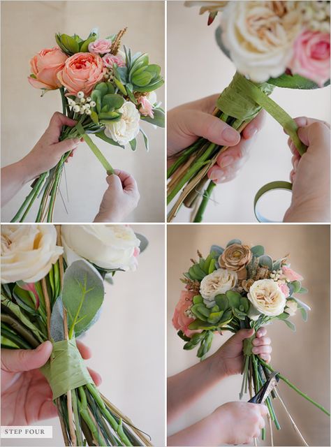 STEP FOUR:  Wrap your bouquet in floral tape, starting at the top and traveling down the stem bunch. This will give your bouquet a little added support. Cut the excess stems down until you have reached your desired length. Floral, Floral Arrangements, Diy Bouquet Fake Flowers, Diy Bridal Bouquet, Flower Bouquet Wedding, Diy Wedding Bouquet, Making A Bouquet, Diy Wedding Flowers, Diy Bouquet
