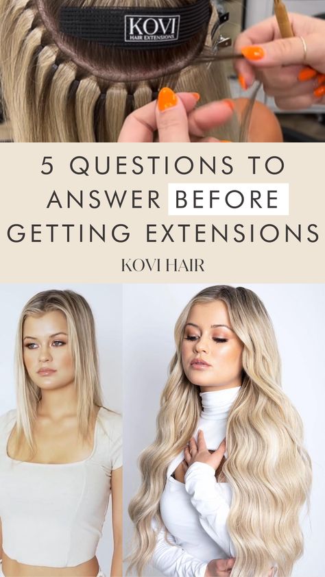 When getting hair extensions for the first time, it's important to ask the basic questions to get started. We had the moment to sit down with the owner and founder of KOVI Hair, Kristin Griepentrog to share her expertise in hair extensions. Here are the top 5 questions to answer before getting hair extensions according to her. Extensions, Highlights, Hair Extensions Before And After, Hair Thickening, Quality Hair Extensions, Sew In Extensions, Sew In Hair Extensions, Hair Extensions Cost, Hair Extension Care