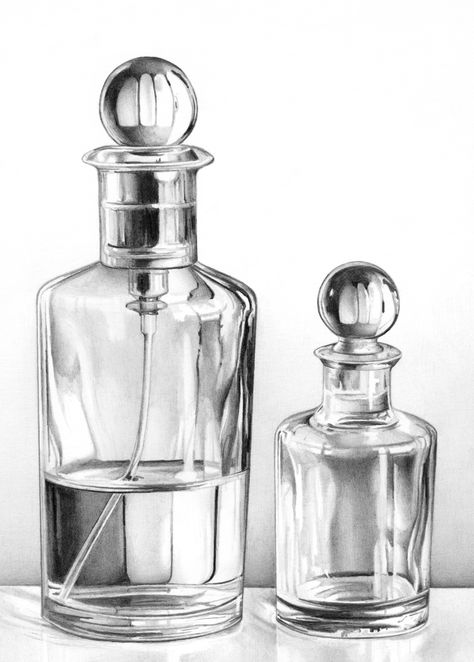 Glass Perfume Bottles - Cath Riley - Debut Art Art Drawings, Pencil Drawings, Art Sketchbook, Artists, Still Life Sketch, Pencil Art Drawings, Still Life Drawing, Pencil Shading, Still Life Art