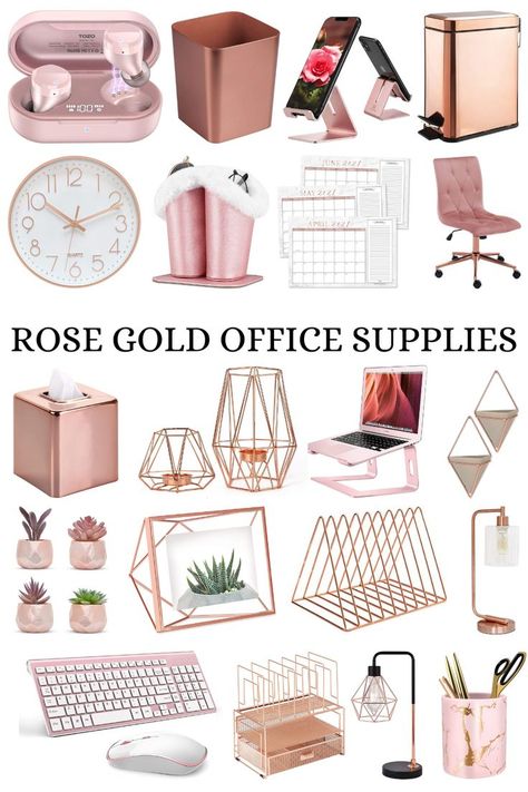 a pin for a blog post called Rose Gold Office Supplies from Amazon Design, Organisation, Gold Office Supplies, Gold Desk Accessories, Gold Office, Gold Office Decor, Cute Desk Accessories, Office Decor, Rose Gold Office Decor