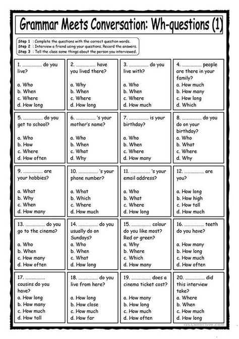This is a grammar-based ´Getting to know you´ worksheet aimed at practicing the use of correct wh-question words, speaking, listening, asking for clarification, asking to repeat, note-taking and short presentations or talking in front of the class. English Grammar, Worksheets, English, Reading, Wh Questions Worksheets, Grammar For Kids, Grammar Exercises, English Grammar For Kids, Grammar Practice