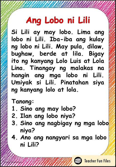 Teacher Fun Files: Filipino Reading Materials with Comprehension Questions Teachers, Comprehension, Tagalog, Tagalog Words, Lily, Kinder, Short Stories For Kids, Fun Word Work Activities, Remedial Reading