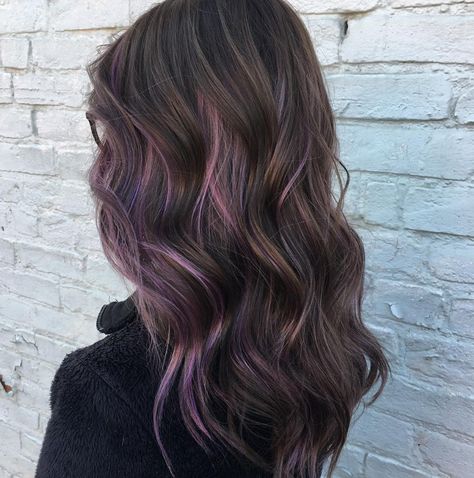 We love how this brunette Aveda color pops with a little burst of purple highlights. Work by Aveda artist Lorin Kay Victor. Balayage, Purple Highlights, Purple Balayage, Purple Brown Hair, Brunette, Brown Blonde Hair, Auburn, Brown Hair Colors, Purple Hair Highlights