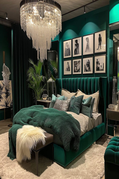 Opulent baddie bedroom in emerald green with a velvet bed, chic chandelier, and a gallery wall of fashion prints. Inspiration, Decoration, Home Décor, Design, Emerald Green Room Ideas Bedroom, Dark Teal Bedroom Ideas, Teal And Gold Bedroom Ideas, Dark Teal Bedroom, Teal Bedroom Decor
