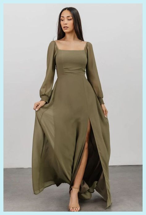 Outfits, Long Sleeve Maxi Dress, Black Maxi Dress, Satin Dresses With Sleeves, Modest Summer Dresses, Maxi Dress With Sleeves, Modest Dresses, Classy Maxi Dress, Olive Green Dresses