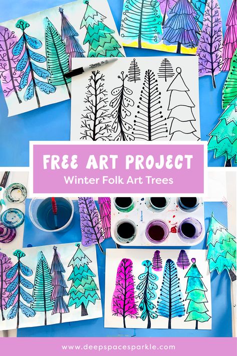 These Folk Art Trees created with wintery colors is a quick and easy art project for kids and includes a free printable drawing guide. This project teaches line, pattern, shape, and watercolor techniques. Pre K, Crafts, Winter Art Lesson, Winter Art Projects, Winter Art Kindergarten, Holiday Art Projects, Christmas Art Lessons Elementary, Seasons Art, Christmas Art Projects