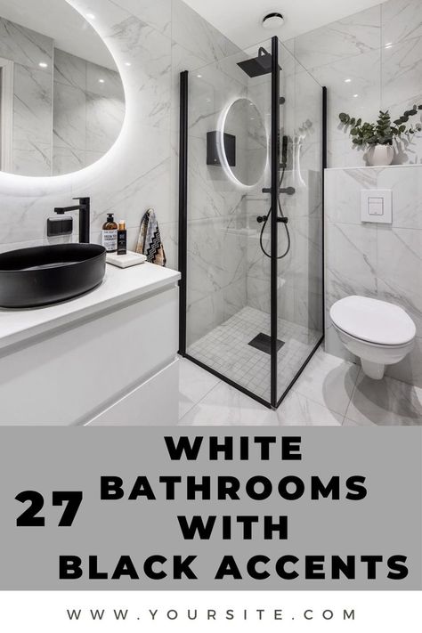 27 White Bathrooms with Black Accents That Radiate Elegance and Refinement Black Bathroom Mirrors, Bathroom Redo, White Bathroom, White Bathroom Decor, White Bathroom Ideas Modern, White Bathroom Designs, Bathroom Design Black, White Master Bathroom, Modern Bathroom Design Black