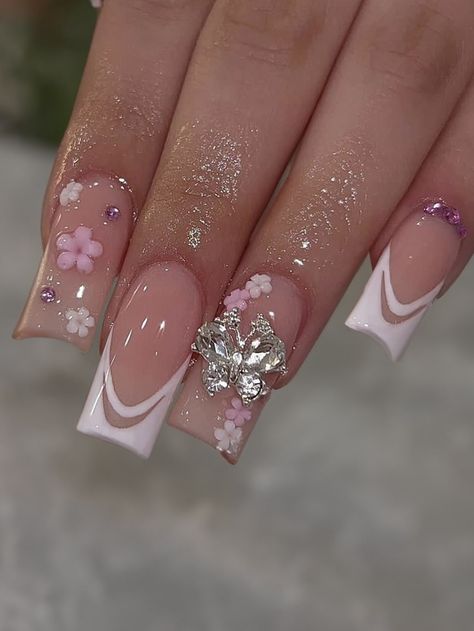 24pcs/box Xxl Extra Long Square French Style Artificial Nails With Flower, Butterfly & Diamond 3d Jewel Embellishment Includes 1pc Nail File & 1pc Jelly GlueI discovered amazing products on SHEIN.com, come check them out! Acrylics, Nail Swag, Nail Arts, Uñas Con Flores 3d, Gem Nails, Nail Set, Nail Inspo, Nails Inspiration, Pink Acrylic Nails