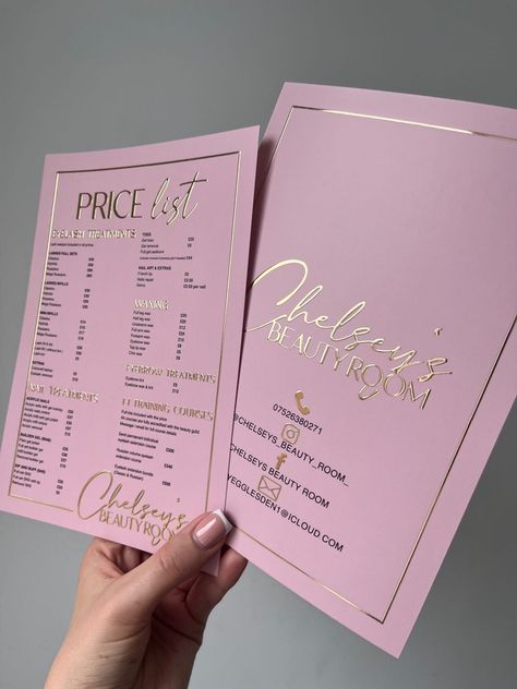 Pink and gold foil finish A5 price list prints, luxurious leaflets for salon owners Rose Gold, Nail Salon Design, Beauty Business Cards Salons, Beauty Salon Business Cards, Beauty Business Cards, Business Cards Beauty, Beauty Gift Card, Nail Salon Business Cards, Pink Business Card