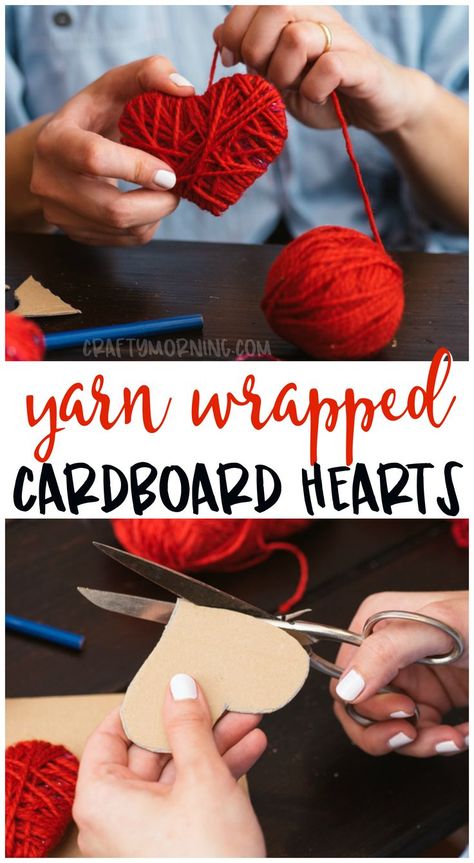 Make some cute yarn wrapped cardboard hearts for a Valentine’s Day craft idea! Kids valentine craft art project to make. Easy garland idea. #valentinesday #valentinesdaycrafts #heartcrafts #heartshapedcrafts #easycrafts #funcrafts #kidcracts #craftymorning Gifts, Crafts, Things To Sell, Crafts To Sell, Knutselen, Heart Crafts, Diy Valentines Crafts, Craft, Diy Crafts For Kids