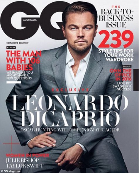 Leading man: Leonardo Di Caprio appears on the cover of the latest issue of GQ Australia in a sharp grey suit and white shirt Men's Fashion, Vogue, Magazine Man, Gq Magazine, Gq Magazine Covers, Gq Men, Mens Fashion, Male Magazine, Gq