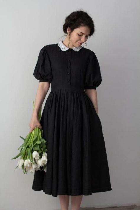 Linen Dress, Black Linen, Classic Dress, Drape Front, Dress Lace, Victorian Dress, Victorian Clothing, Casual Frocks, Designer Dresses Casual