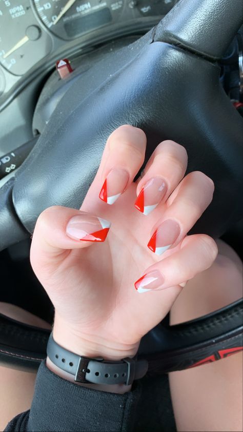 Acrylics, Christmas Gel Nails, Red And White Nails, Red And Silver Nails, Red Nails, White And Silver Nails, Red Tip Nails, Red Acrylic Nails, White Tip Nails