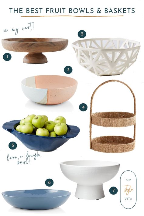 A roundup of the best wooden, stone and ceramic fruit bowls and baskets for your kitchen counters. #homedecor Essen, Fruit Bowl For Countertop, Large Fruit Bowl, Fruit Bowls Ideas Decor, Ceramic Fruit Bowl, Modern Fruit Bowl, Wooden Fruit Bowl, Fruit Bowl Display, Fruit Bowl Decor
