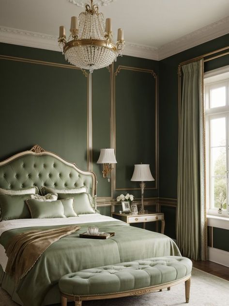 Nature Meets Luxury: Green Bedroom Décor Ideas for a Glamorous Escape! Embrace the elegance of French-inspired décor with romantic touches like a tufted upholstered headboard or a vintage-inspired chaise lounge. #GlamorousIdeas #GlamorousDesign Mirrored Nightstand, Gold Bedroom Decor, Bronze Bedroom, Gold Bedroom, Black Green Gold Bedroom, Dark Green And Gold Bedroom Ideas, Hollywood Glam Bedroom, Gilded Vintage Bedroom, Bedroom Glam
