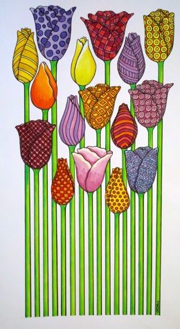 Whimsical Art Patchwork, Tulips, Flower Doodles, Quilting, Quilts, Art Quilts, Flower Art, Zentangle Flowers, Spring Art