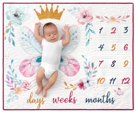 *FREE PATTERN* Baby Milestone Quilt designed by Robert Kaufman. Features Oh How They Grow by Studio RK. Butterfly colorway. Free pattern available for download February 2019 (robertkaufman.com) #FREEatrobertkaufmandotcom Baby Quilts, Quilts, Baby Milestone Blanket, Baby Prints, Grandbaby, Baby Grows, Little Princess