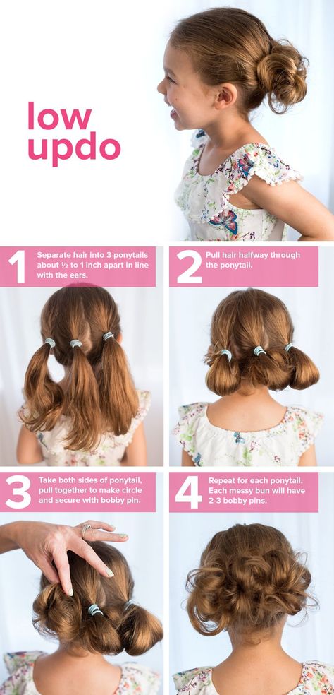 Follow this easy tutorial for a kid's hairstyle that’s perfect for school. This low updo can be created on long or short hair. Up Dos, Long Hair Styles, Hair Styles, Easy Hairstyles For Kids, Updos, Hair Updos, Low Updo, Hair Dos, Kids Hairstyles