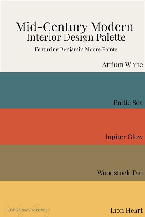 Carolyn Tracy Interiors has collected our favorite Benjamin Moore paints to create a mid-century modern interior design palette we know you'll love. If you're looking for more inspiration check out our blog post to see 6 other interior design palettes based on popular interior design styles. Decoration, Inspiration, Benjamin Moore, Mid Century Paint Colors, Mid Century Color Palette, Mid Century Modern Paint Colors, Midcentury Color Palette, Midcentury Modern Color Palette, Mid Century Modern Color Palette