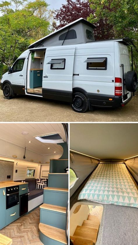 Here is yet another incredible VW Crafter van build. This time with a staircase leading to a pop top upstairs bedroom. Campervan, Rv, Camper, Caravan, Camper Van Conversion Diy, Diy Camper, Van Conversion Pop Top, Build A Camper Van, Camper Van Conversion