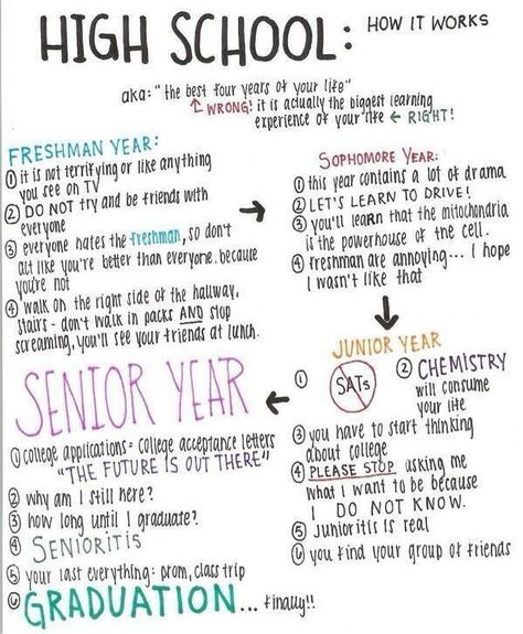 This is fairly accurate, besides the classes (those are shifted a year up). And seriously, can every freshman please read the part about freshman year High School, Planners, Apps, High School Freshman Advice, High School Advice, Freshmen Tips High School, Highschool Advice, High School Life Hacks, High School Hacks