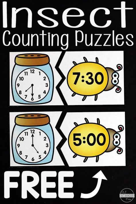 FREE Insect Telling Time Puzzles - these are such a fun way for kids to practice identifying time on a clock to the half hour and hours. Perfect hands on math activity, telling time games, math centers, homeschool, kindergarten math, prek, first grade, grade 1, 1st grade Maths Centres, Pre K, First Grade Maths, Math Games, Math Centers, Math For Kids, 2nd Grade Math, Math Activities, Kindergarten Math