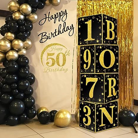 Amazon.com: TONIFUL 50th Birthday Party Decorations - 4 Pcs Black Gold 50th Birthday Boxes with 1973 Aged to Perfection Print - Ideal for Creating Beautiful Birthday Decorations for Men and Women : Home & Kitchen 50th Birthday Party Table Decorations, 60th Birthday Celebration Ideas, Mens Birthday Party Centerpieces, Diy 50th Birthday Decorations, Men Birthday Party Theme, 50th Birthday Party Centerpieces, 50th Birthday Table Decorations, Mens Birthday Party Decorations, 50th Birthday Themes