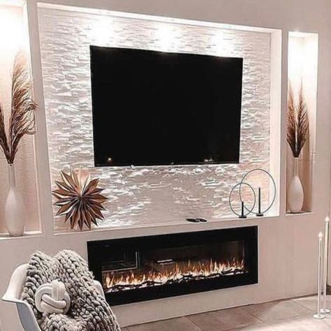 Recessed Electric Fireplace, Electric Wall Fireplace, Electric Fireplace Bedroom, Electric Fireplace Decor, Electric Fireplaces, Fireplace Mounted Tv, Wall Mount Electric Fireplace, Fireplaces With Tv Above, Modern Electric Fireplace