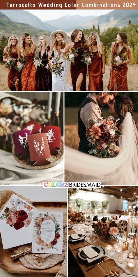 Terracotta and burgundy wedding color combos inspirations for 2024: mixed terracotta and burgundy bridesmaid dresses, terracotta and burgundy drinks cozies, terracotta and burgundy wedding bouquets, wedding invitations with terracotta and burgundy flowers patterns, terracotta and burgundy wedding table decorations. #weddingcolors #weddingideas #fallweddings #terracottaweddings #colsbm #2024 #bridesmaiddresses #terracottaandburgundy Rust Orange Wedding Color Combos, Wedding Colors Blue, Fall Wedding Color Palette, Burgundy Wedding Colors, Orange Wedding Colors, Teal Wedding Colors, Wedding Color Combinations, Wedding Color Palette, Green Wedding Colors