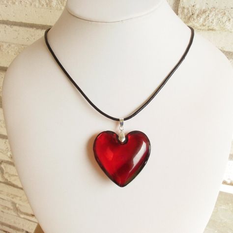 Ruby+Red+Glass+Heart+Pendant+Necklace Bijoux, Pendant Necklace, Pendant Necklace Simple, Red Heart Necklace, Glass Necklace, Heart Pendant Necklace, Leather Necklace, Necklace, Big Pendant Necklace