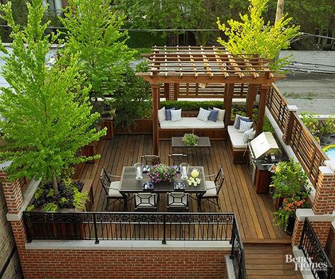 Accessible from the home's kitchen, this garage-top roof deck was designed with entertaining in mind. A dining table seats six with ease, while a built-in grill and cabinets for storing table-service items reduce trips into the house. Large trees break up views of power lines and an alley. Home Improvement, Outdoor, Home, Ideas, Rooftop Deck, Outdoor Space, Roof Deck, Garden Decor, Deck