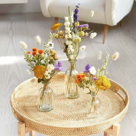 Our favourite dried flowers yet! Use the three little posy jars to create cute combinations of dried delphiniums, spray roses and craspedia pom poms. Then pop them along dinner tables, shelves or all-around the home. Lovely!     Dried stems including spray roses, delphinium and statice.    Delivered through to the door in our packaging with gift card, including your personal message.   Choose free next day delivery via Royal Mail Tracked or upgrade to Premium Delivery for improved tracking and r Decoration, Flowers In Jars, Dried Flower Arrangements, Flower Delivery, Wildflower Centerpieces, Flower Arrangements, Flower Centerpieces, Dried Flower Bouquet, Flower Decorations