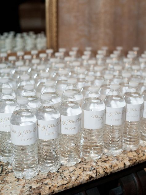 wedding-favors-personalized-water-bottles-to-pass-out-on-dance-floor-white-gold-custom-label Water Bottle Labels Wedding, Custom Wedding Favours, Personalized Wedding Favors, Wedding Water Bottles, Personalized Wedding, Wedding Favours, Wedding Bottles, Wedding Gifts For Guests, Wedding Labels