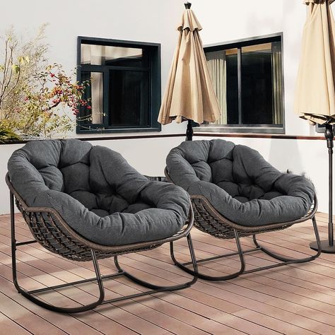 HOMEFUN Outdoor Patio Rocking Chairs Set of 2, Oversized Papasan Rocking Chair with Padded Cushion - Rocker Egg Chair for Front Porch, Garden, Patio, Backyard Gray Design, Outdoor Rocking Chairs, Patio Rocking Chairs, Rocking Chair Porch, Rocking Chairs, Porch Rocking Chair, Outdoor Reading Chair, Indoor Chairs, Outdoor Couch