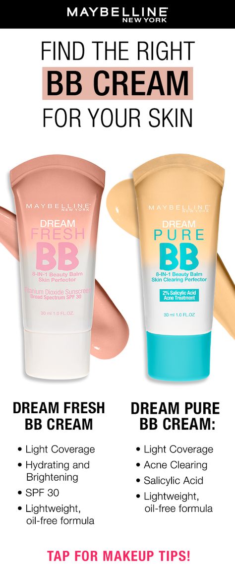 Don't want to wear a full face of foundation? Try Maybelline's Dream BB Cream! Dream BB Fresh and Dream BB Pure have a light coverage, oil-free and perfect for a natural-looking finish. Tap for more makeup tips! Outfits, Crossfit, Maybelline, Eye Make Up, Light Coverage Foundation, Best Makeup Products, Skincare For Combination Skin, Maybelline Bb Cream, Beauty Balm