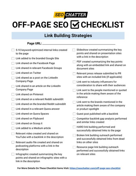 100% FREE off-page SEO checklist and template for you to download, copy, and print. Includes 3 versions: PDF, Excel, and Google Sheet. Use this off-page SEO cheatsheet to set up an effective link building strategy for every page you publish to create a strong foundation of high-quality backlinks for your content. Social Media, Art, Create, Template, Backlinks, Work, High Quality, Start, Branding
