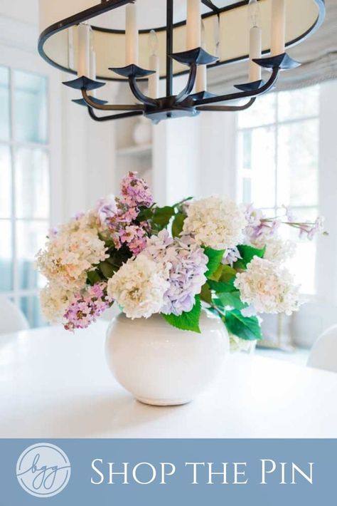 If you love flowers, learn how to create this hydrangea flower arrangement, using only silk flowers! Yes! These are fake flowers! Three real touch flowers will have everyone fooled and you'll have a beautiful kitchen flower arrangement that lasts! #floral #silkflowers #fakeflowers Gardening, Shaded Garden, Design, Vintage, Hydrangea Flower Arrangements, Hydrangea Arrangements, Hydrangea Flower, Hydrangea Centerpiece, Real Touch Flowers