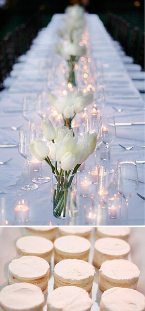 Tablecloths and white tulips accompanied by confectioners sugar-covered desserts. Wedding Centrepieces, Wedding Decorations, White Wedding Table Setting, Wedding Table Settings, White Table Settings, Dinner Table Setting, Wedding Table, Wedding Centerpieces, Candle Table Setting