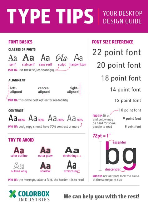 Type tips, desk design guide Basic typography, alignment and contrast, type best practices, font size guide, things to avoid. Design, graphic design, for all. Colorbox Industries. Serif, Slab Serif, Sans Serif, script, handwritten. Ux Design, Web Design, Font Guide, Graphic Design Terms, Fonts Design, Typography Rules, Graphic Design Lessons, Learning Graphic Design, Teaching Graphic Design