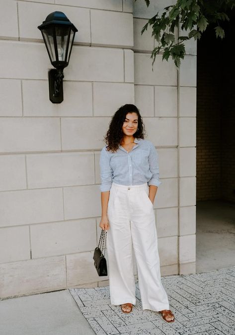 White linen pants and striped blue button down outfit, Hermes sandals, Chanel handbag Outfits, Inspiration, Linen Pants Outfit, Work Outfit, Cream Linen Pants, White Linen Pants Outfit Summer, White Linen Pants Outfit, White Linen Pants, Classic Linen Dress