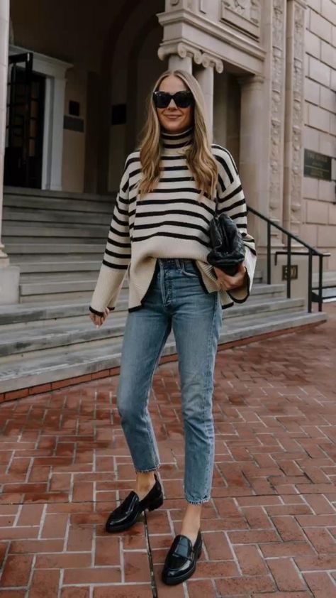 Casual, Outfits, Oversized Striped Sweater, Striped Sweater Outfit, Sweaters And Jeans, Sweater Outfits, Turtleneck Sweater, Black Loafers Outfit, Loafer Outfits